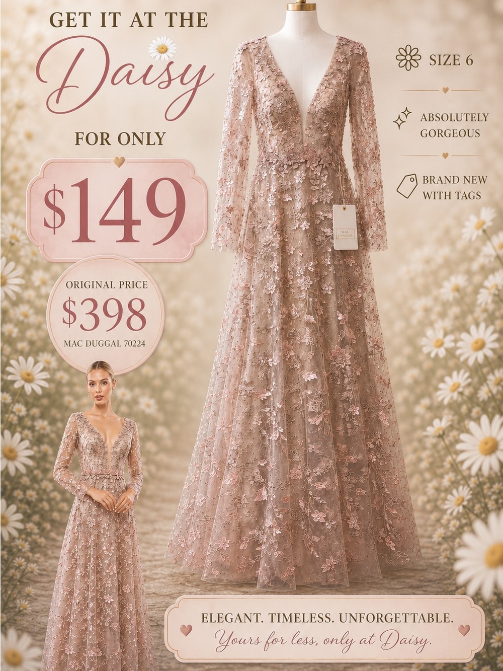 Mac Duggal Dusty Rose Floral Applique Tulle Gown